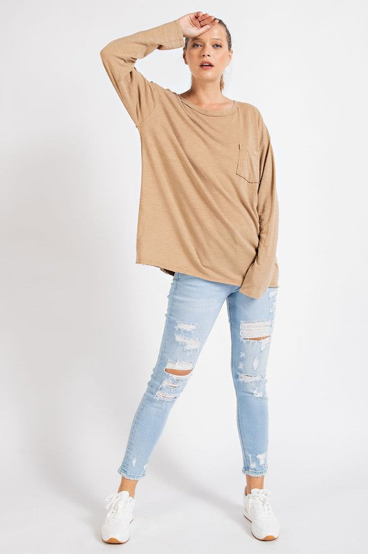 Rae Mode Mineral Washed Round Neckline Long Sleeves Top