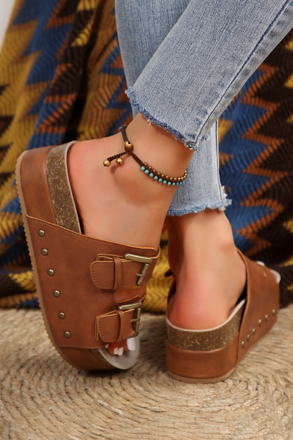 Dual Buckle Studded Platform Sandal Slippers