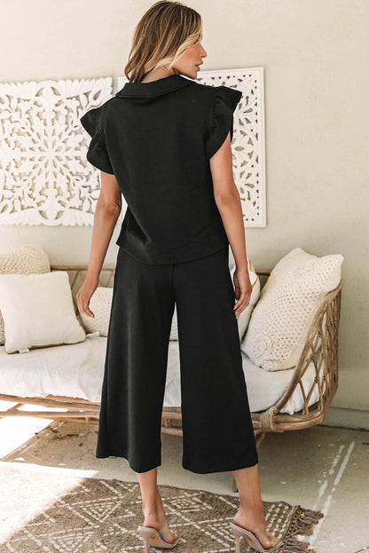 Textured Flutter Sleeve Top Wide Leg Pants Set