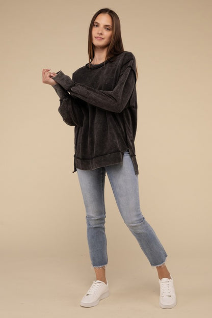 Zenana Acid Wash French Terry Exposed-Seam Sweatshirt