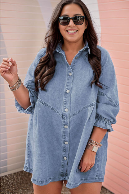 Ruffled 3/4 Sleeve Buttoned Front Plus Size Denim Dress