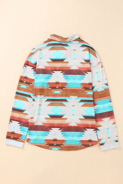 Multicolor Aztec Print Buttoned Pocket Chest Long Sleeve Shirt