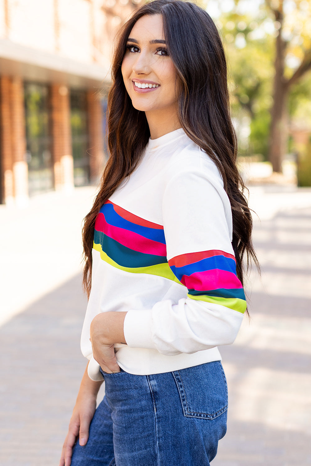 White Colorful Striped Accent Long Sleeve T Shirt