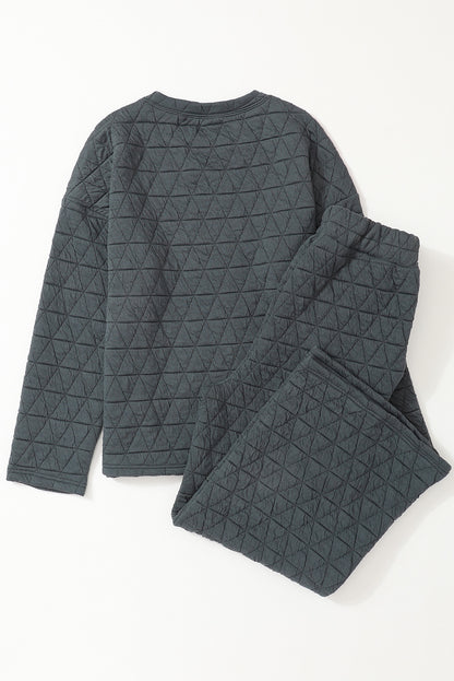 Dark Grey Solid Quilted Pullover and Pants Outfit