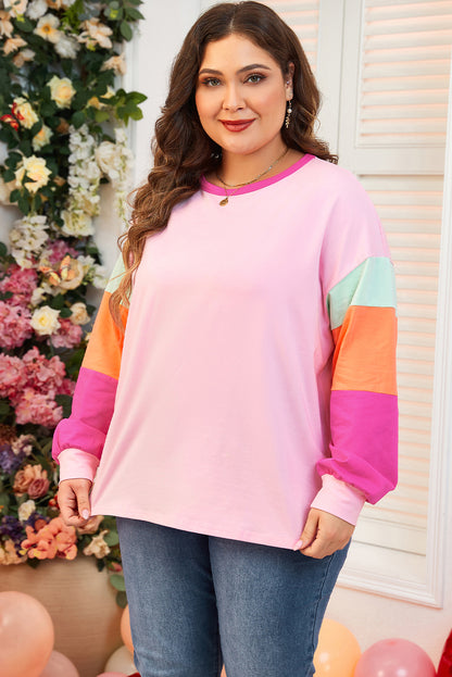 Pink Colorblock Patchwork Long Sleeve Plus Size Top