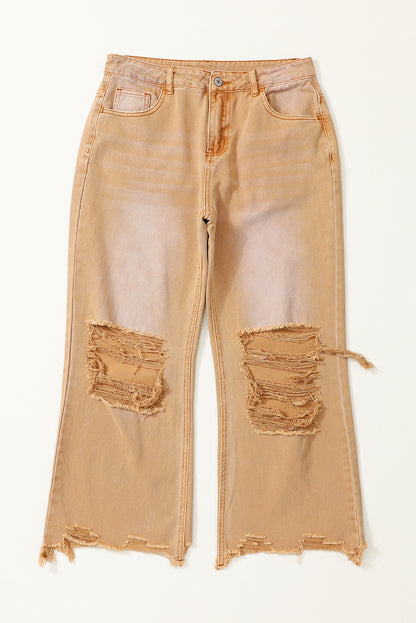 Distressed Hollow-out High Waist Cropped Flare Jeans