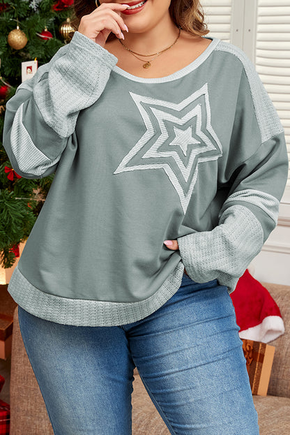 Mist Green Stars Patchwork Round Neck Plus Size T Shirt