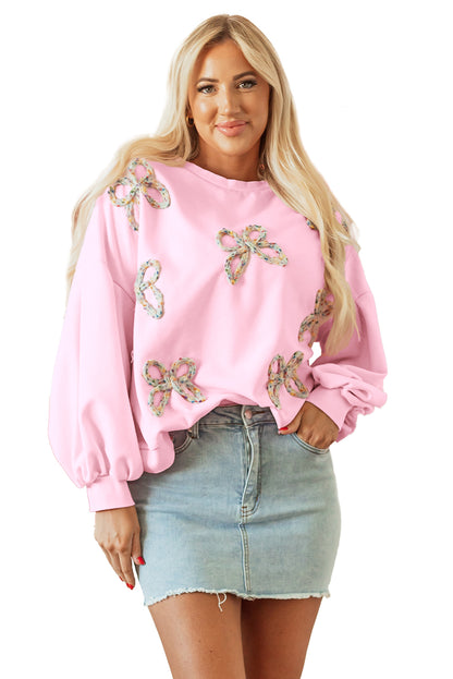 Light Pink Embroidered Bow Lantern Sleeve Oversized Pullover Sweatshirt