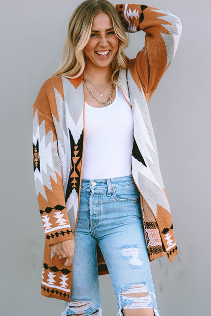 Gold Flame Aztec Graphic Open-Front Cardigan