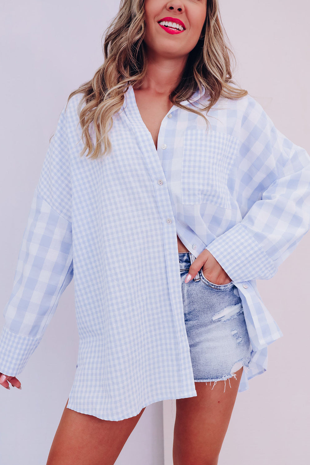 Sky Blue Mix Checked Patchwork Long Sleeve Shirt