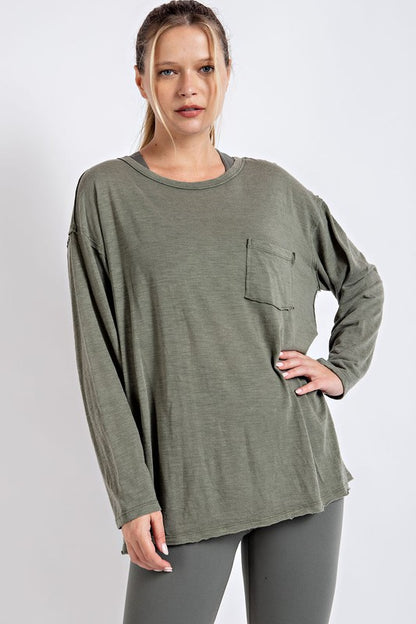 Rae Mode Mineral Washed Round Neckline Long Sleeves Top