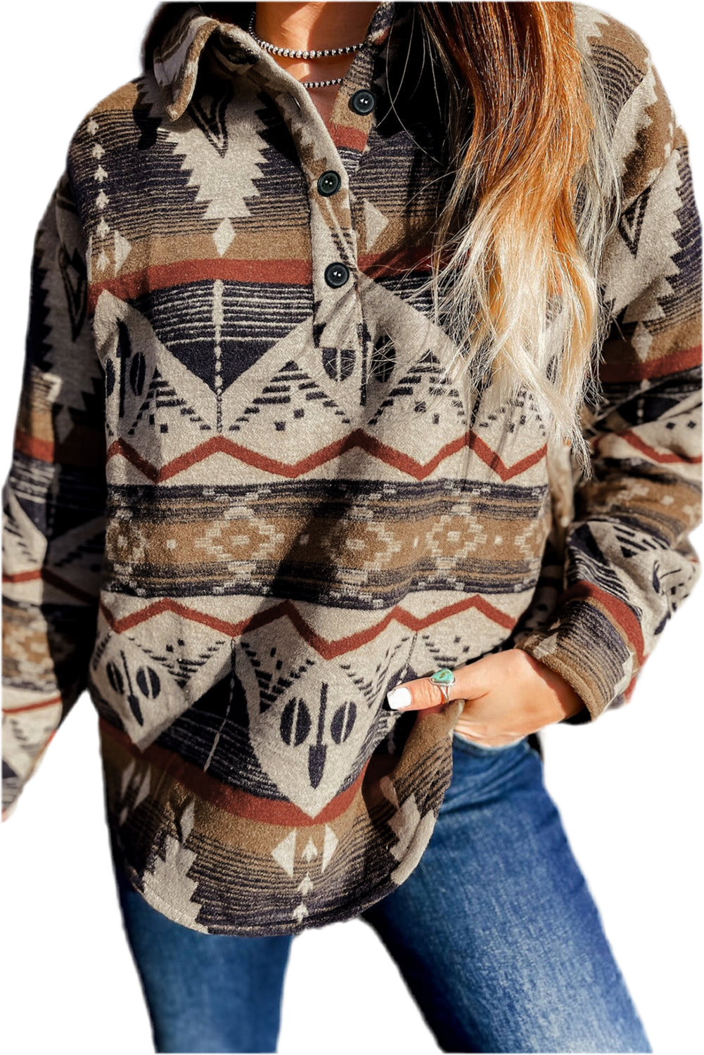 Brown Western Aztec Collared Button-up Sweatshirt