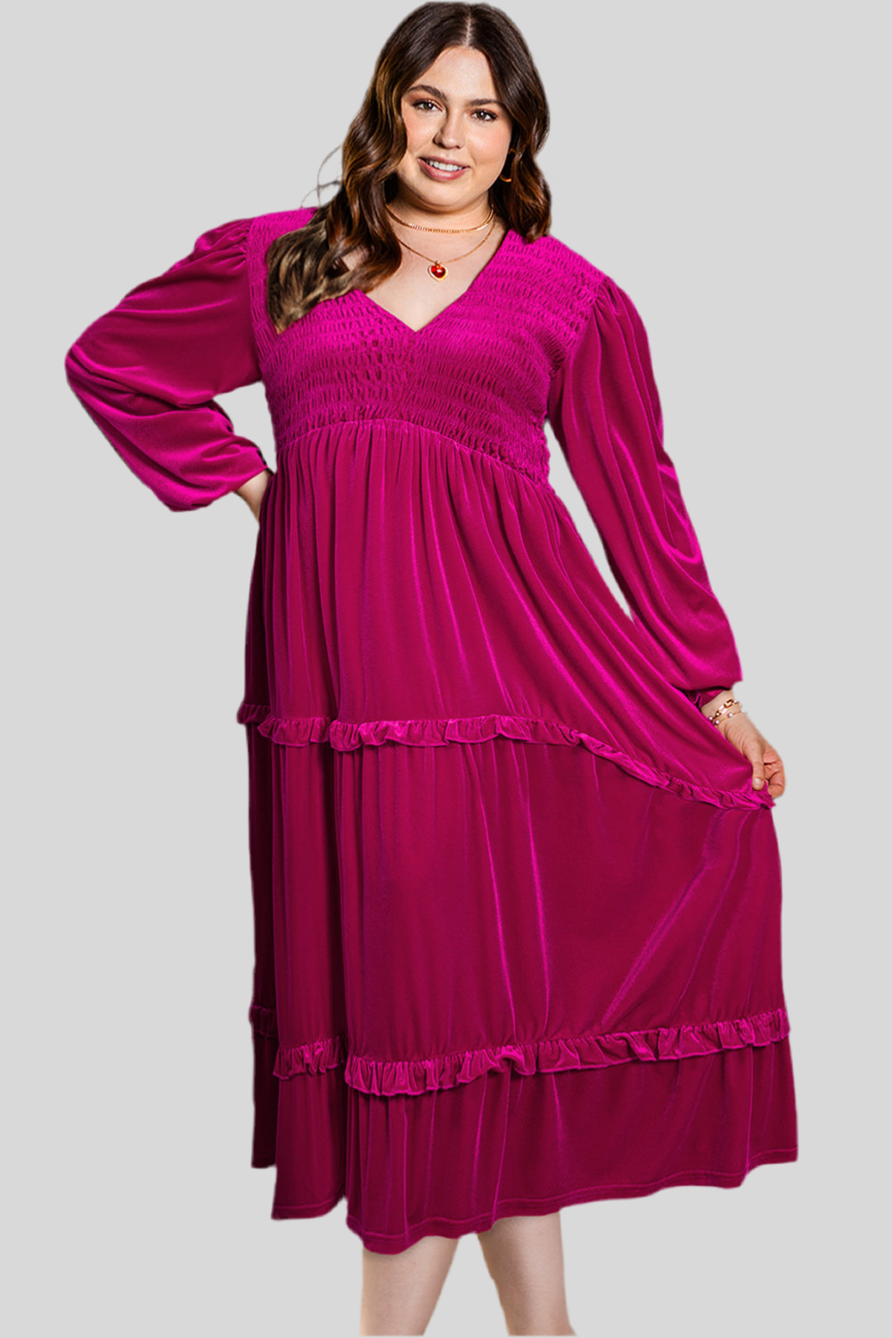 Rose Red Shirred V Neck Tiered Ruffled Velvet Plus Size Maxi Dress