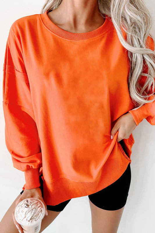 Seam Drop Shoulder Round Neck Sweatshirt with Slits