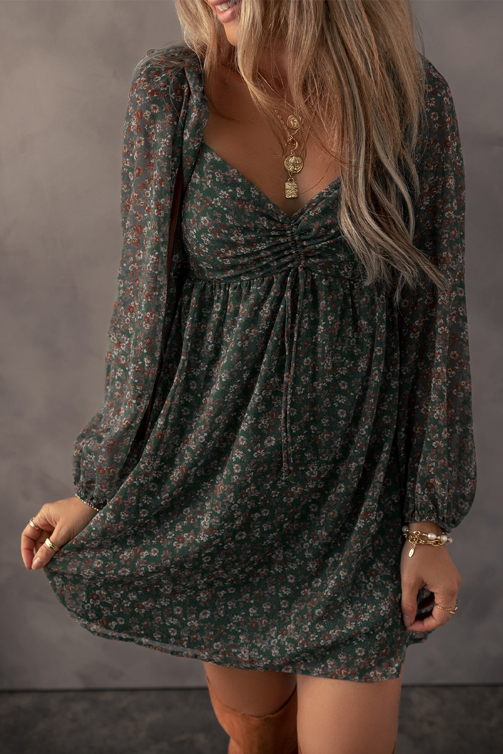 Floral Print Sweetheart Neck Shirred Back Mini Dress