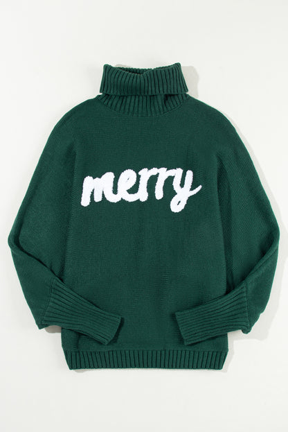 Merry Letter Embroidered High Neck Sweater