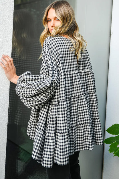 Checkered Puff Sleeve Tiered Loose Babydoll Blouse