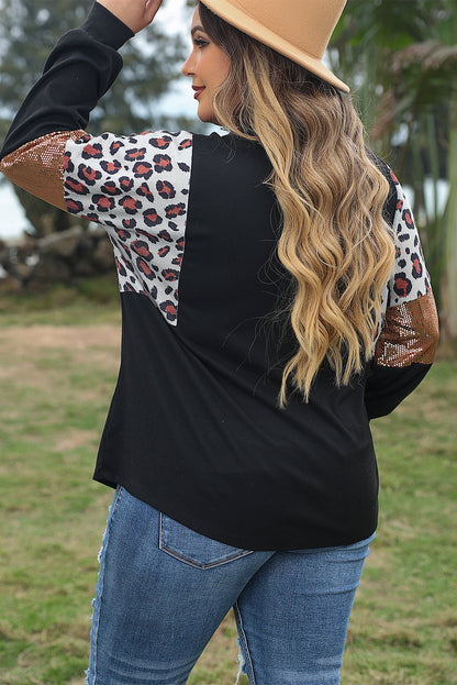 Leopard Sequin Patch Plus Size Long Sleeve Top