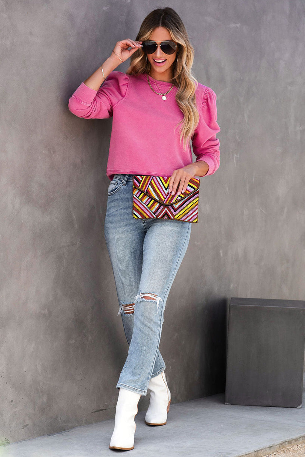 Rose Vintage Washed Puff Sleeve Sweatshirt