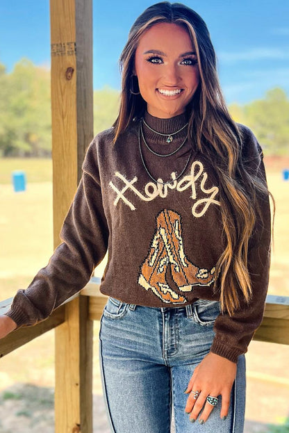 Western Howdy Boot Graphic High Neck Sweater