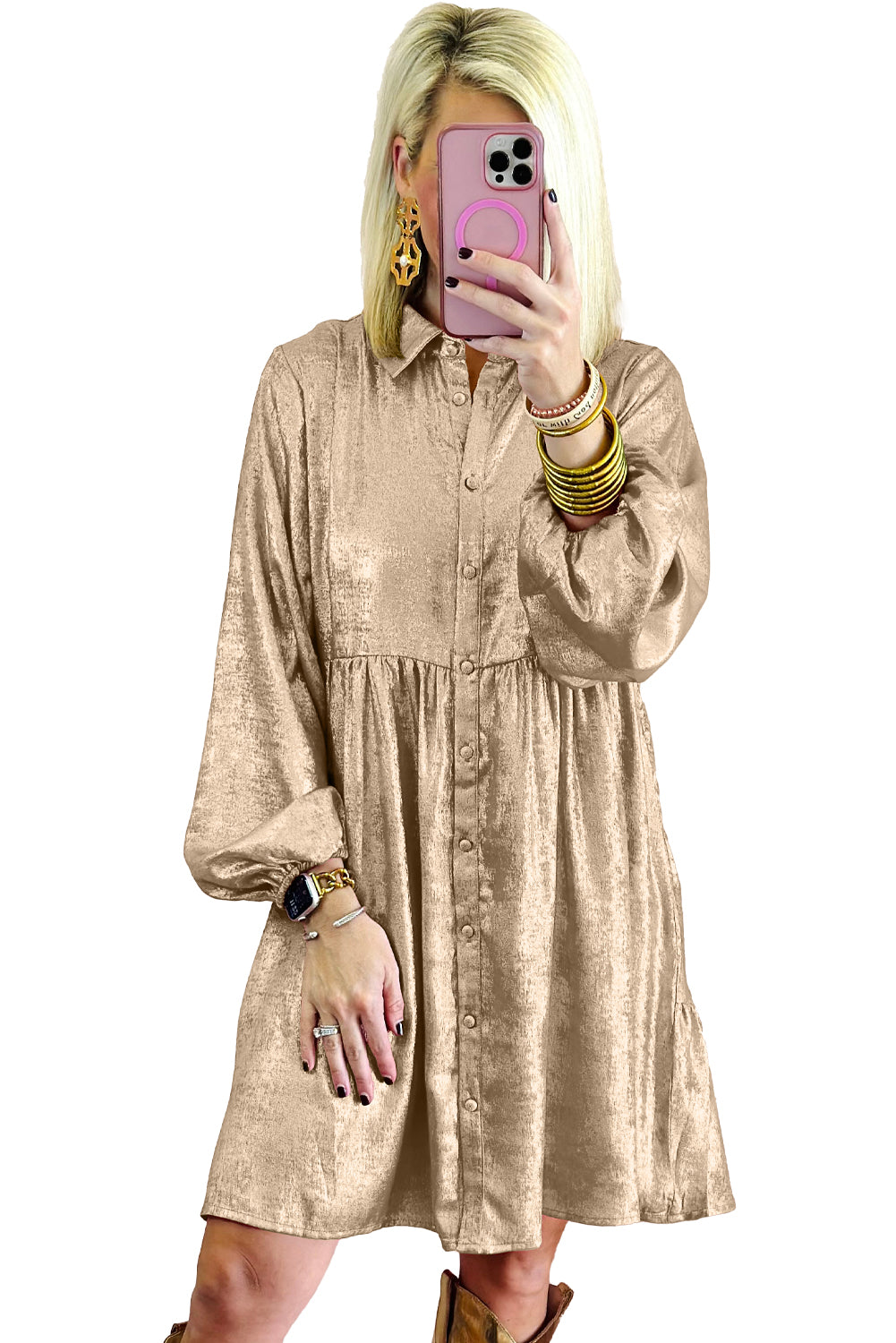 Metallic Sheen Puff Sleeve Button Up Mini Shirt Dress