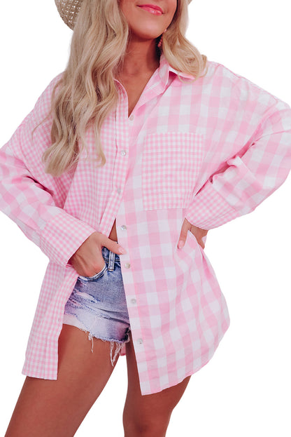 Pink Mix Checked Patchwork Long Sleeve Shirt