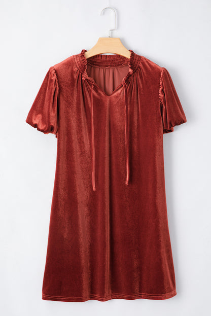 Velvet Smocked Neckline Puff Sleeve Shift Mini Dress