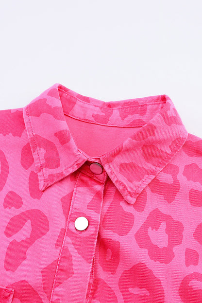 Pink Leopard Print Button Cuffs Raw Hem Jacket