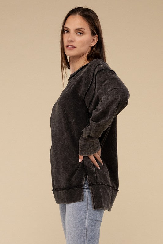 Zenana Acid Wash French Terry Exposed-Seam Sweatshirt