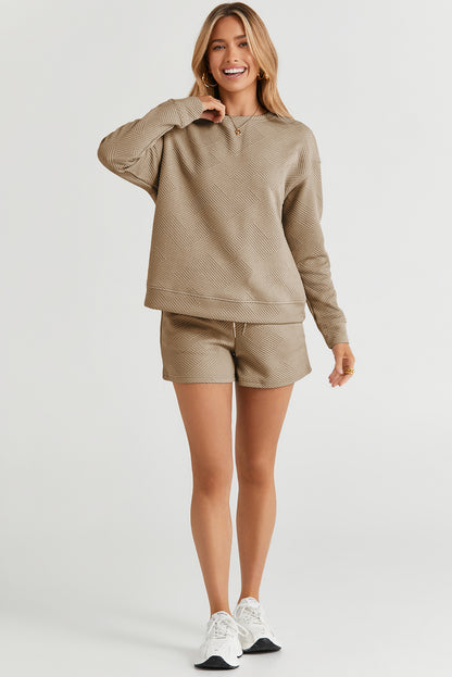 Pale Khaki Textured Long Sleeve Top and Drawstring Shorts Set