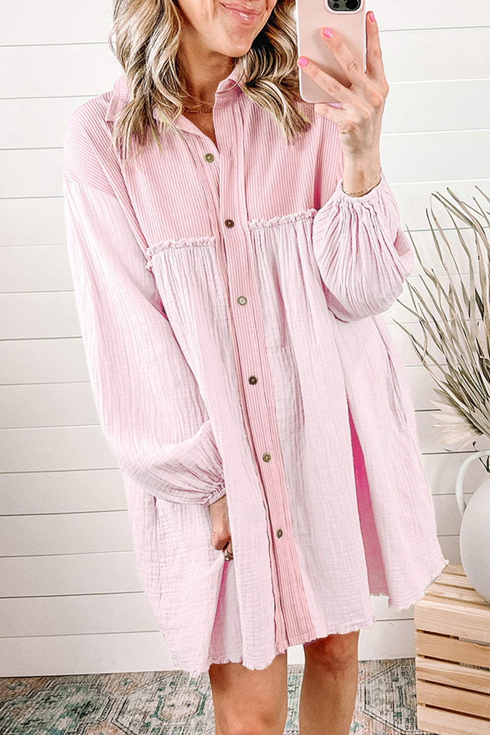 Pink Patchwork Crinkle Puff Sleeve Shirt Dress