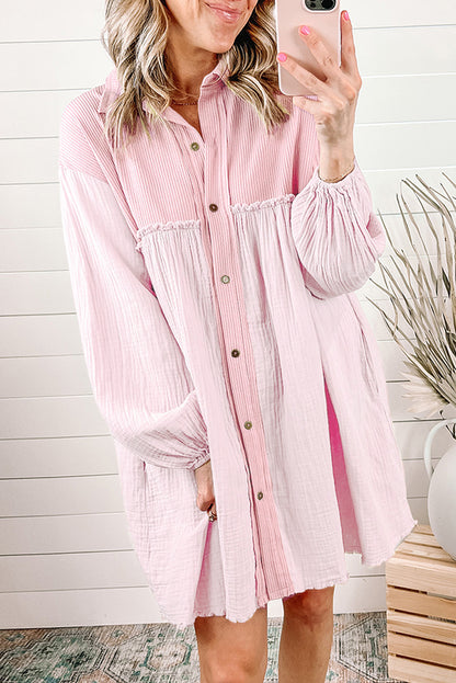 Pink Patchwork Crinkle Puff Sleeve Shirt Dress