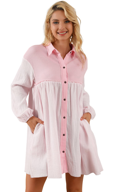 Pink Patchwork Crinkle Puff Sleeve Shirt Dress