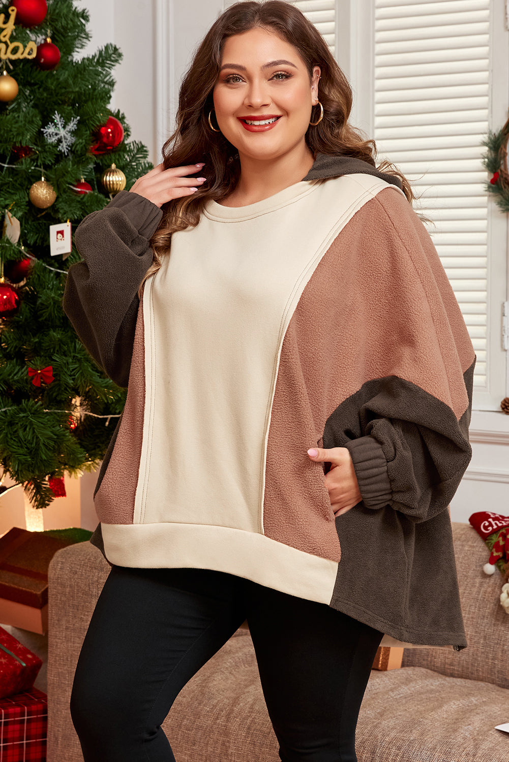 Exposed Seam Colorblock Plus Size Hoodie