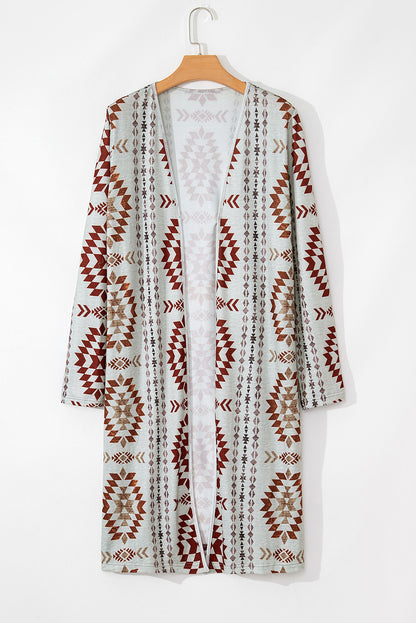 Western Aztec Printed Open Front Long Cardigan