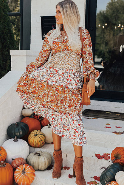 Floral Print Ruffled Tiered Long Sleeve V Neck Midi Dress