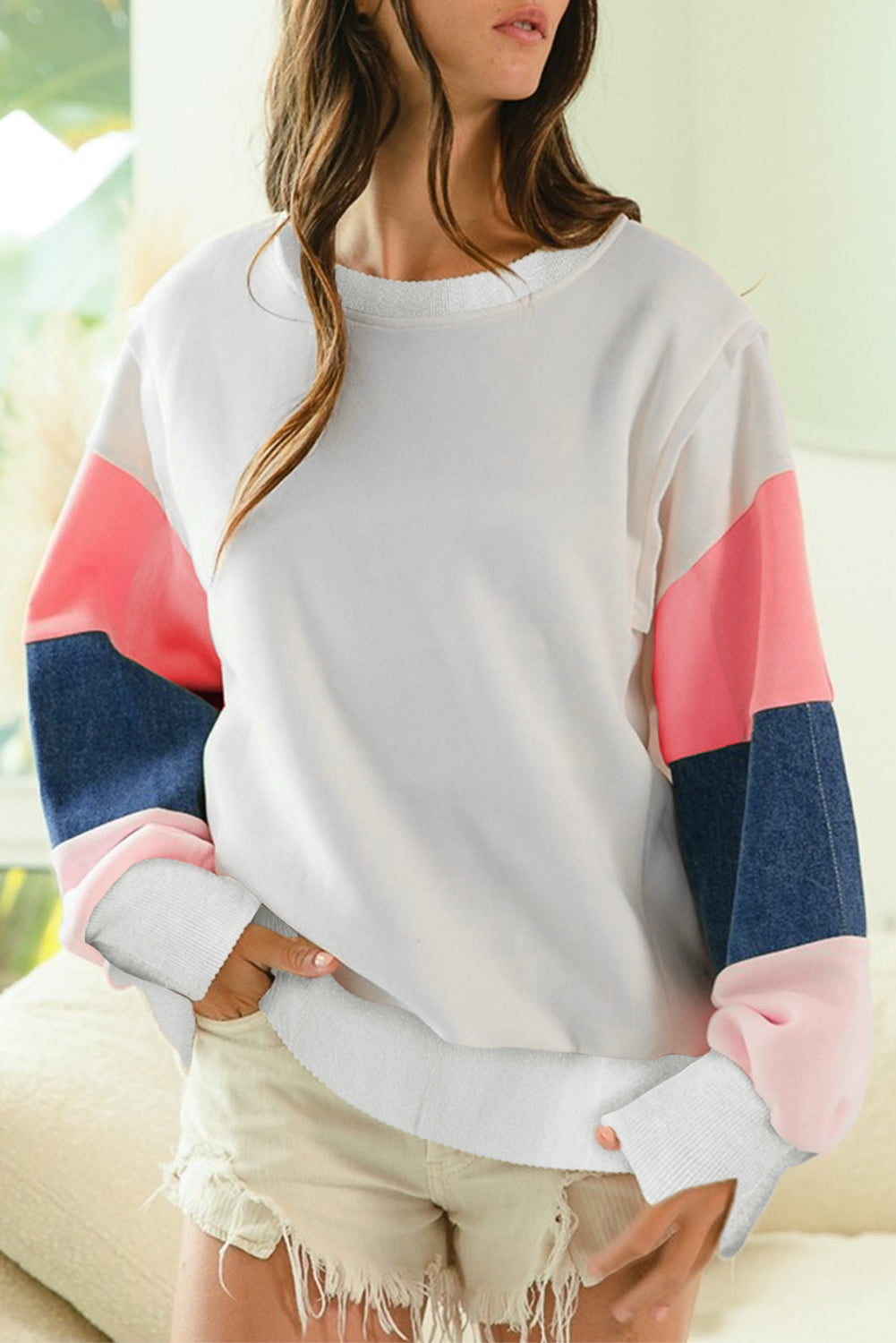 White French Terry Color Block Long Sleeve Top