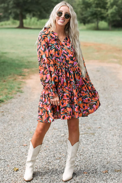 Red Floral Smocked Bishop Sleeve Tassel Mini Dress