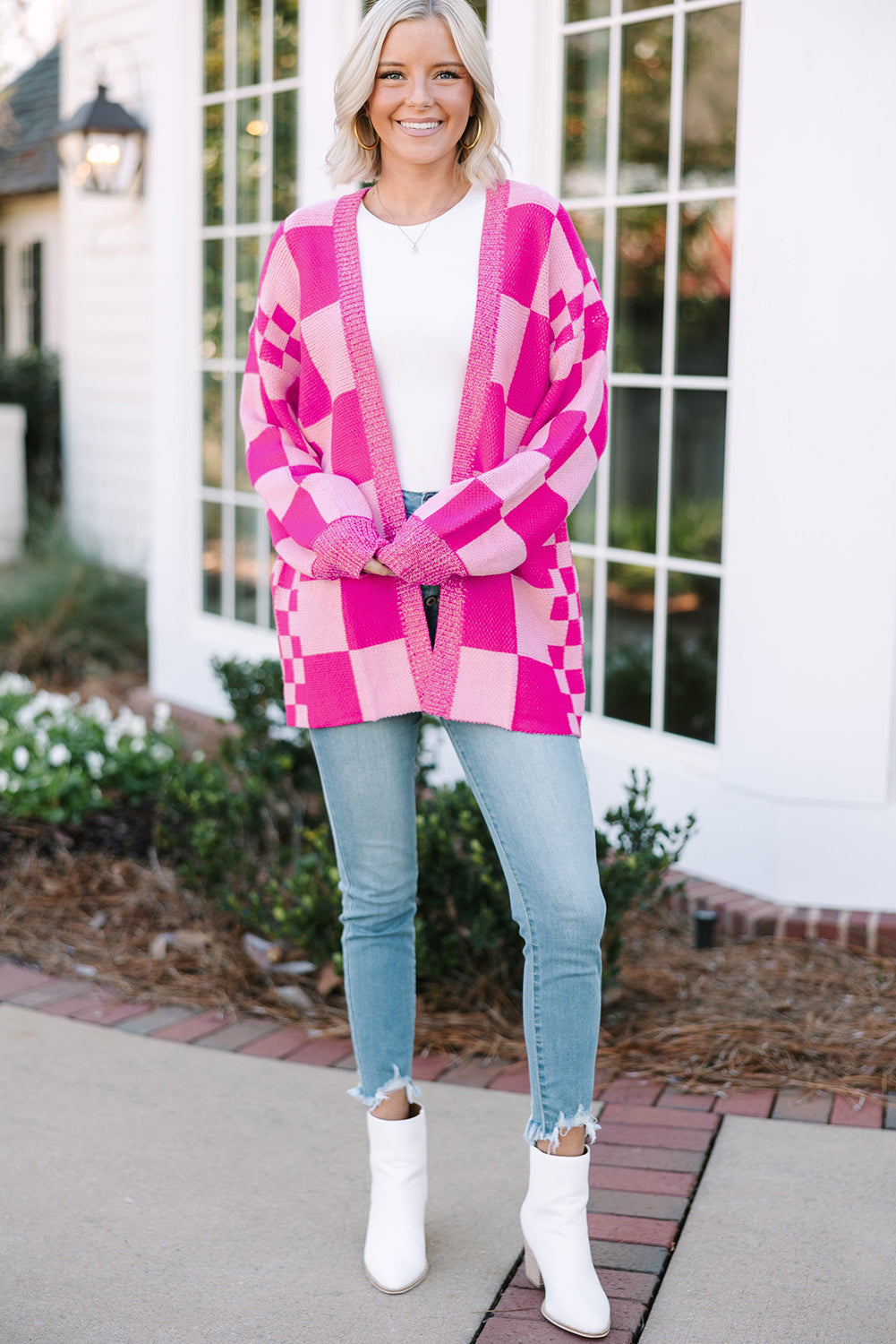 Bubblegum Pink Checkered Printed Ribbed Trim Open Front Cardigan