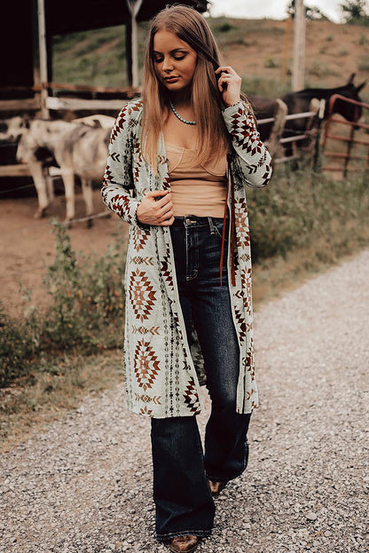 Western Aztec Printed Open Front Long Cardigan