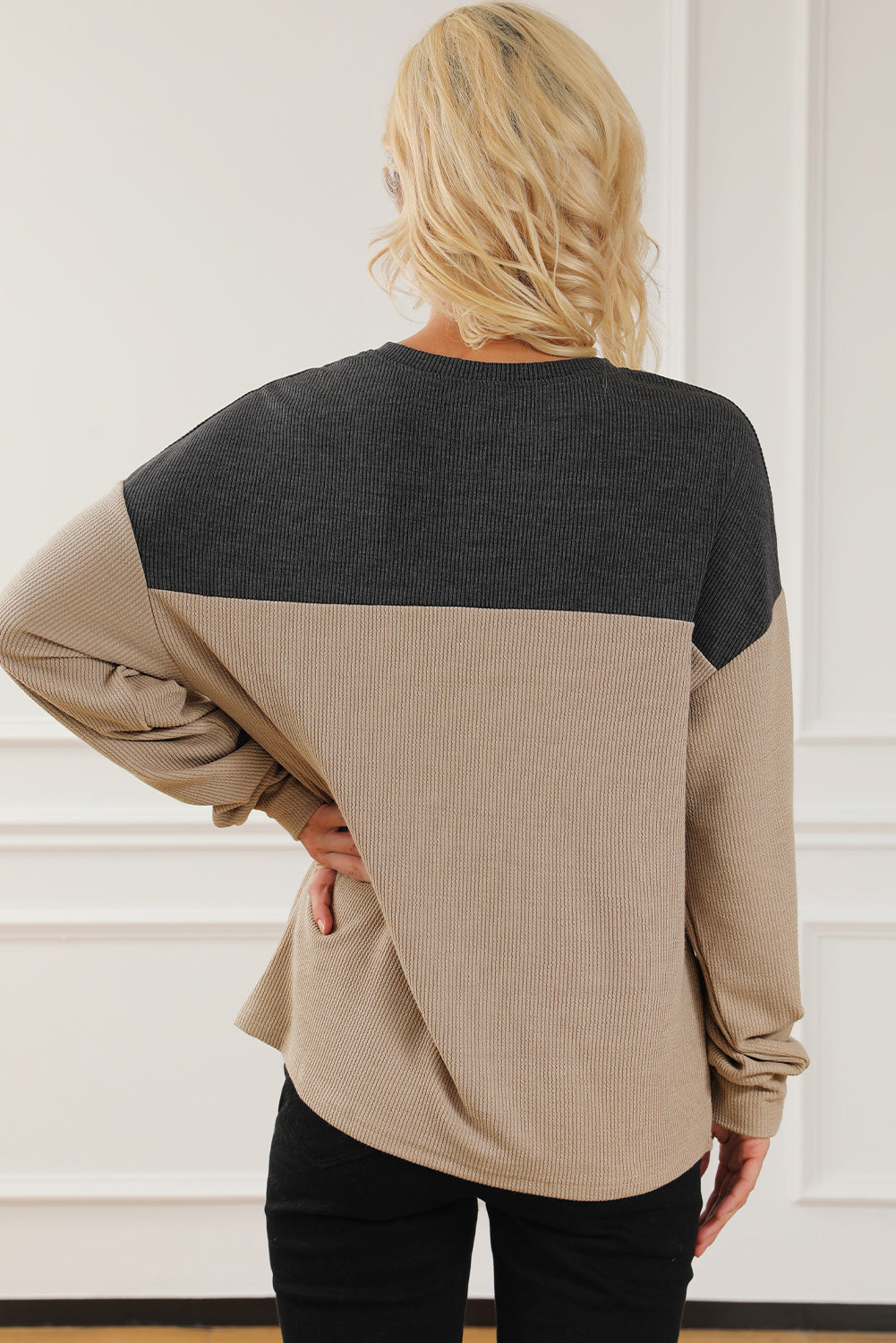 Notched Neck Colorblock Corded Sweatshirt