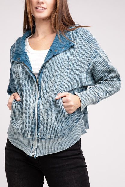 Zenana Acid Wash Cotton Waffle Hooded Zip-Up Jacket