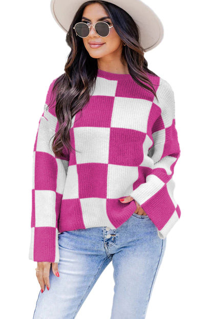 Checkered Round Neck Baggy Sweater