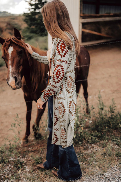 Western Aztec Printed Open Front Long Cardigan