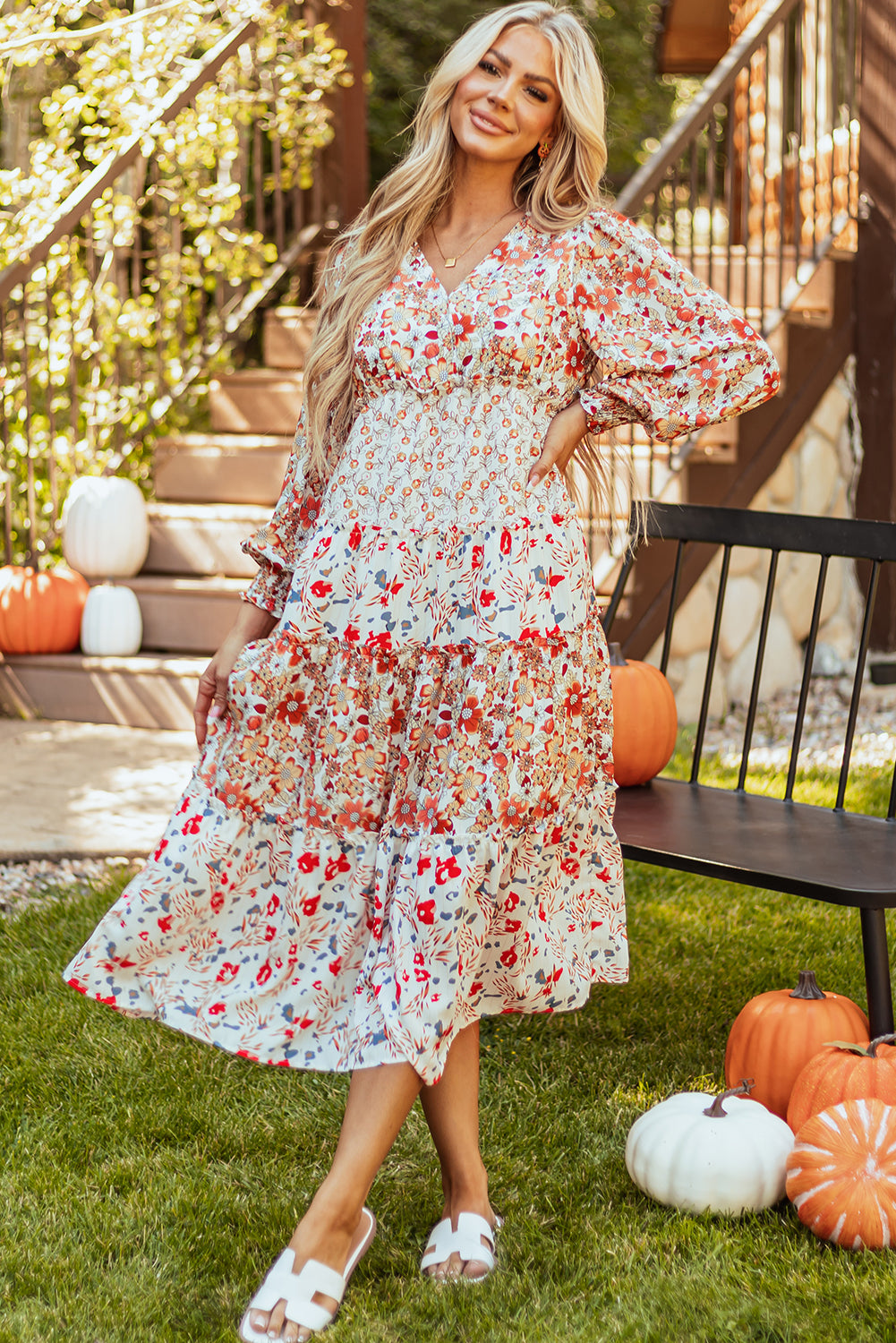 Floral Print Ruffled Tiered Long Sleeve V Neck Midi Dress