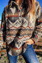 Brown Western Aztec Collared Button-up Sweatshirt