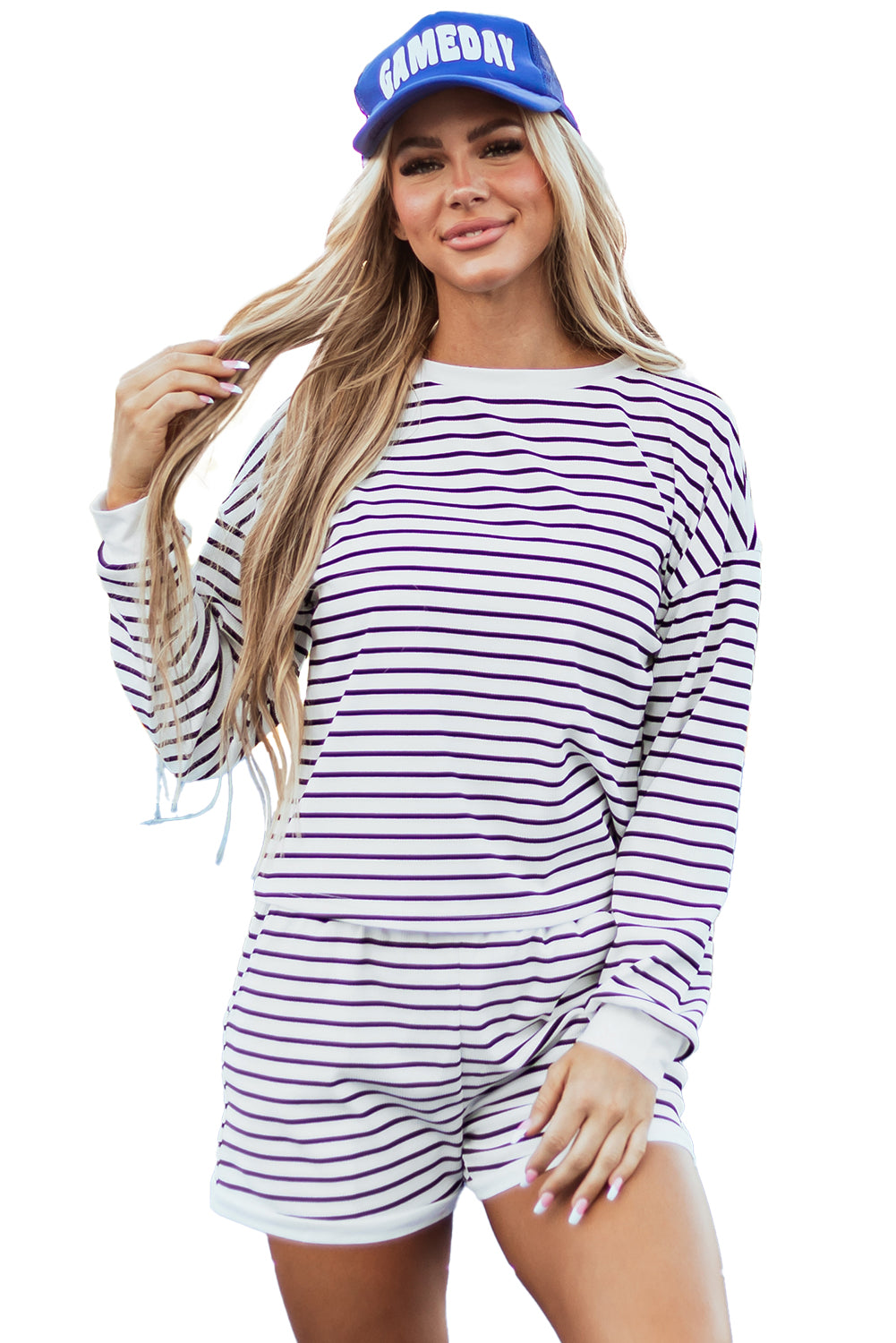 Stripe Textured 3/4 Sleeve Top and Shorts Set