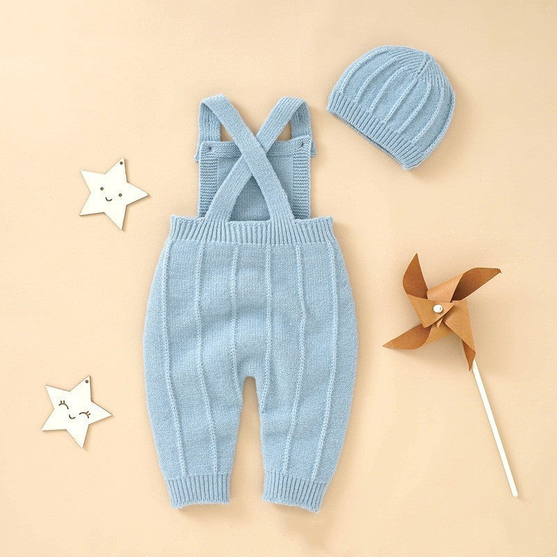 Baby's Sweater Bodysuit With Suspender And Hat