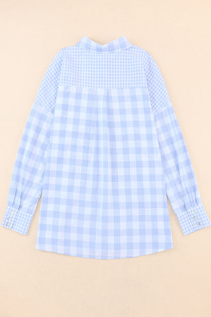 Sky Blue Mix Checked Patchwork Long Sleeve Shirt