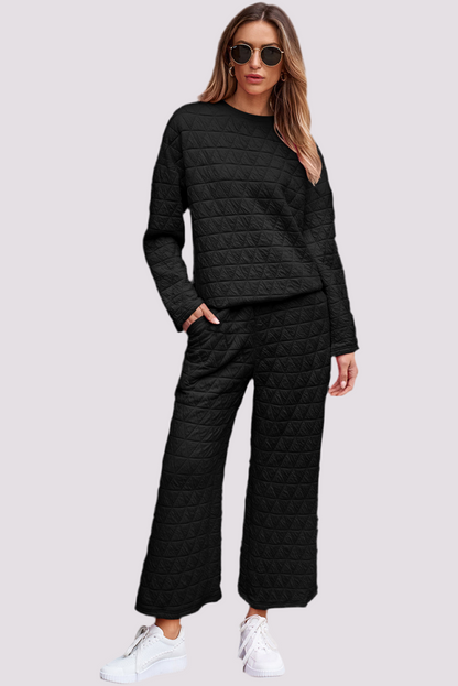 Black Solid Quilted Pullover and Pants Outfit